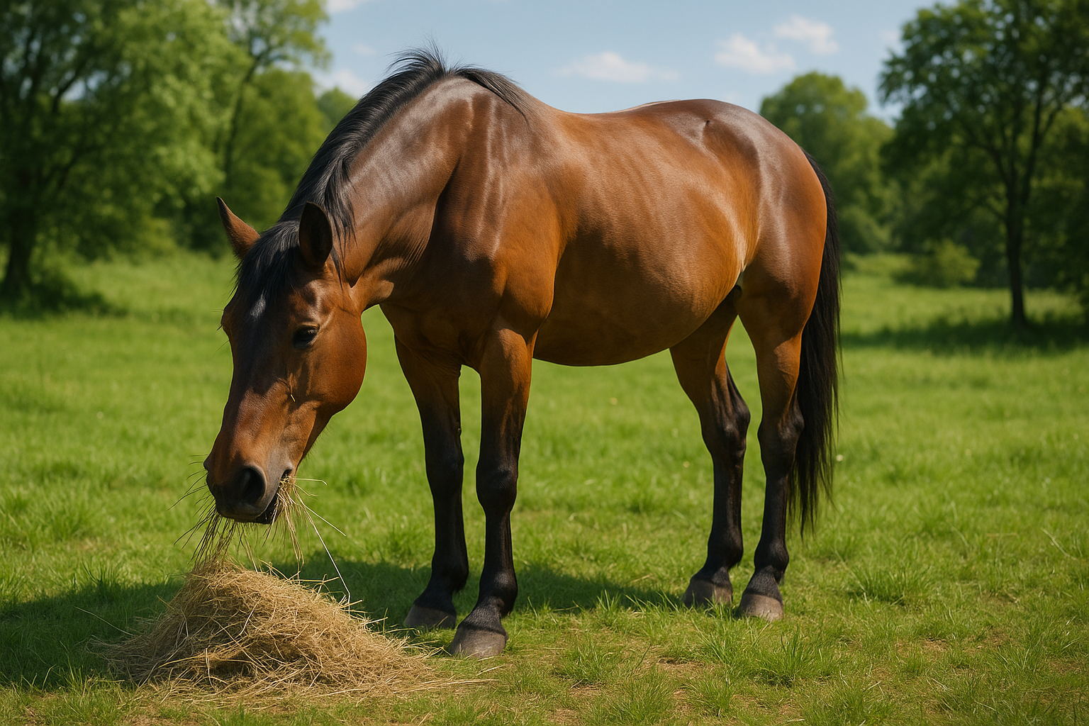 En häst som äter hö på en äng